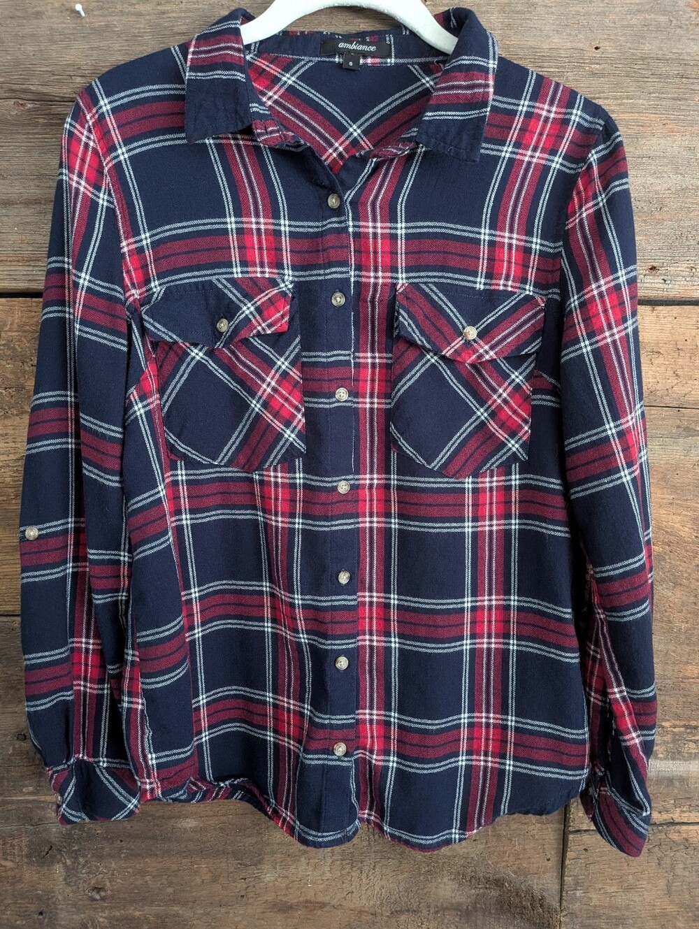 Ambiance Women's Blue and Red Plaid Buttondown Flanne Size Smalll 90's Grunge Go